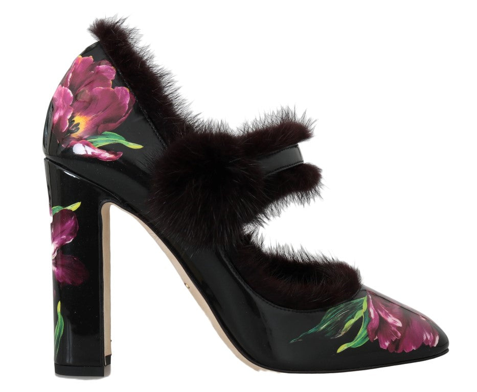 Black Purple Tulip Print Fur Mary Janes Pumps