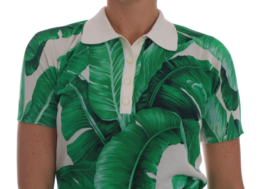 Elegant Silk Polo Top with Banana Leaf Motif