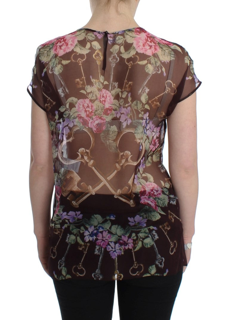 Elegant Floral Silk Blouse with Cap Sleeves