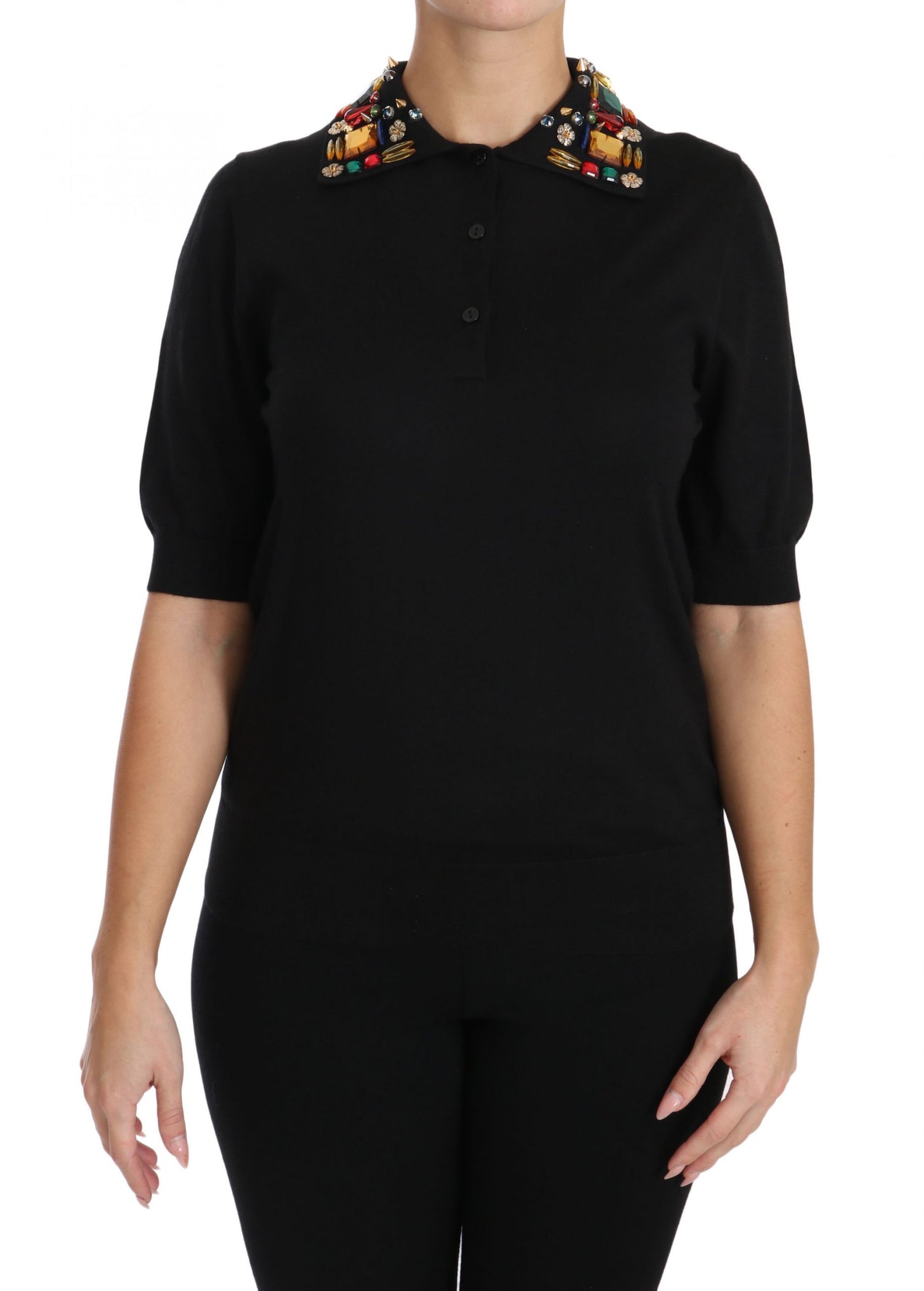 Elegant Black Cashmere Sequin Collar Top