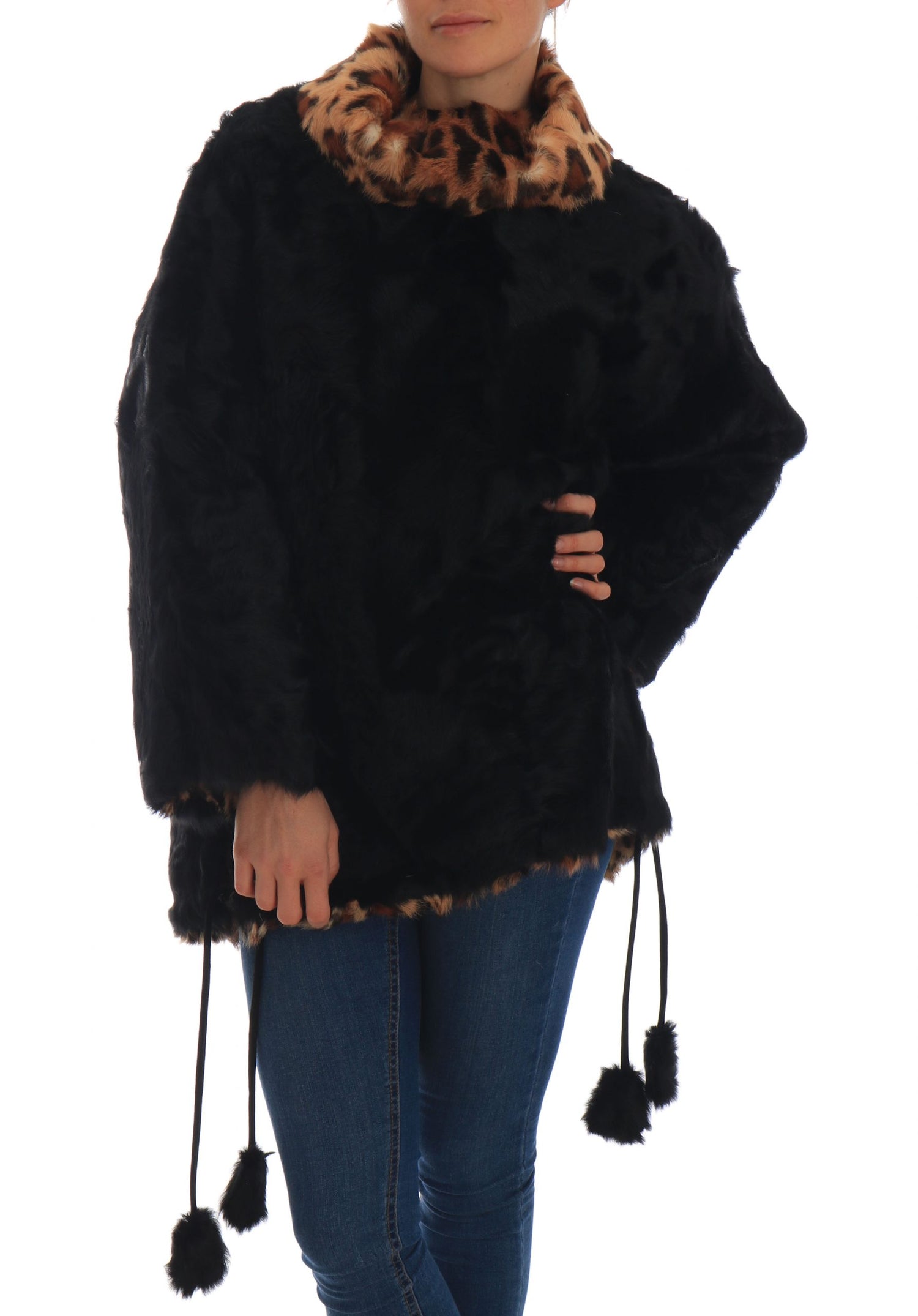 Elegant Black Lamb Fur Short Coat