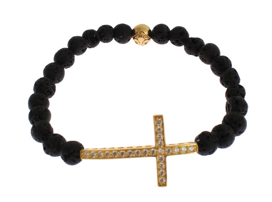 Lava Stone Gold Clear CZ Cross 925 Silver Bracelet