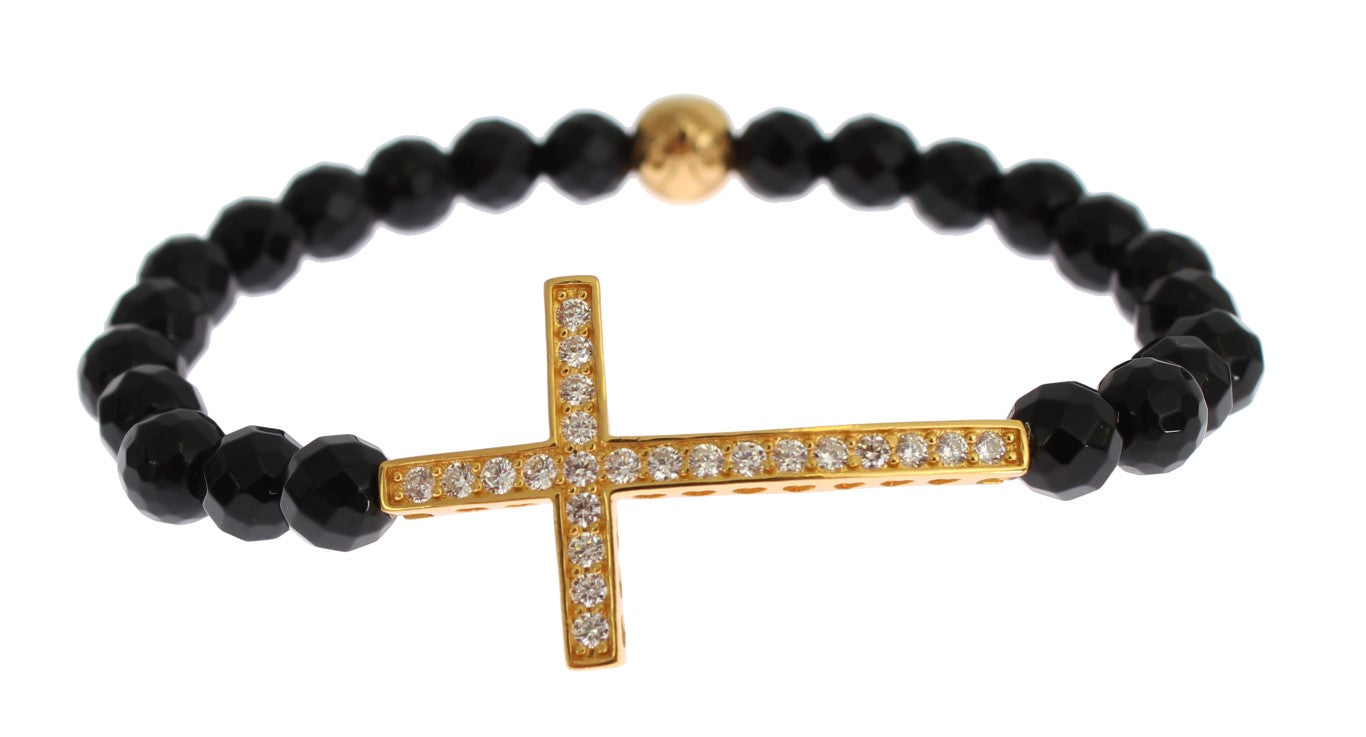 Agate Stone Gold CZ Cross 925 Silver Bracelet