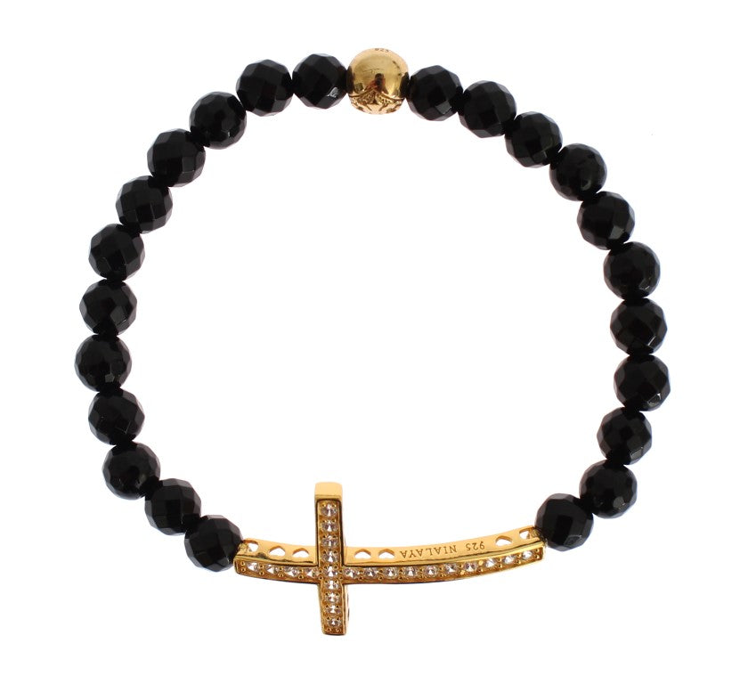 Agate Stone Gold CZ Cross 925 Silver Bracelet