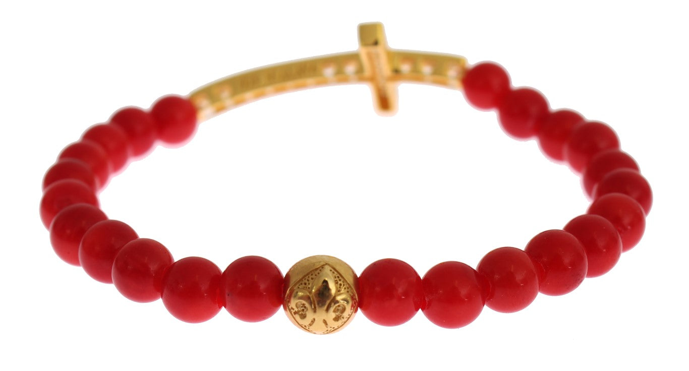 Red Coral Gold CZ Cross 925 Silver Bracelet