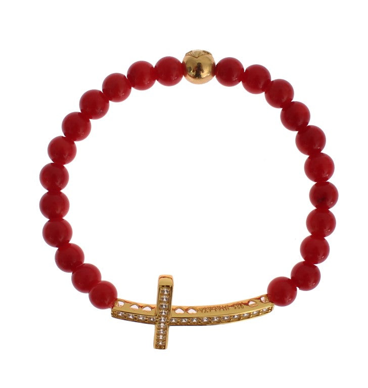 Red Coral Gold CZ Cross 925 Silver Bracelet