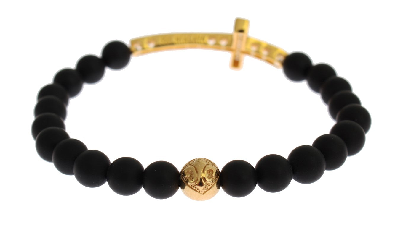 Matte Onyx Stone Gold CZ Cross 925 Silver Bracelet