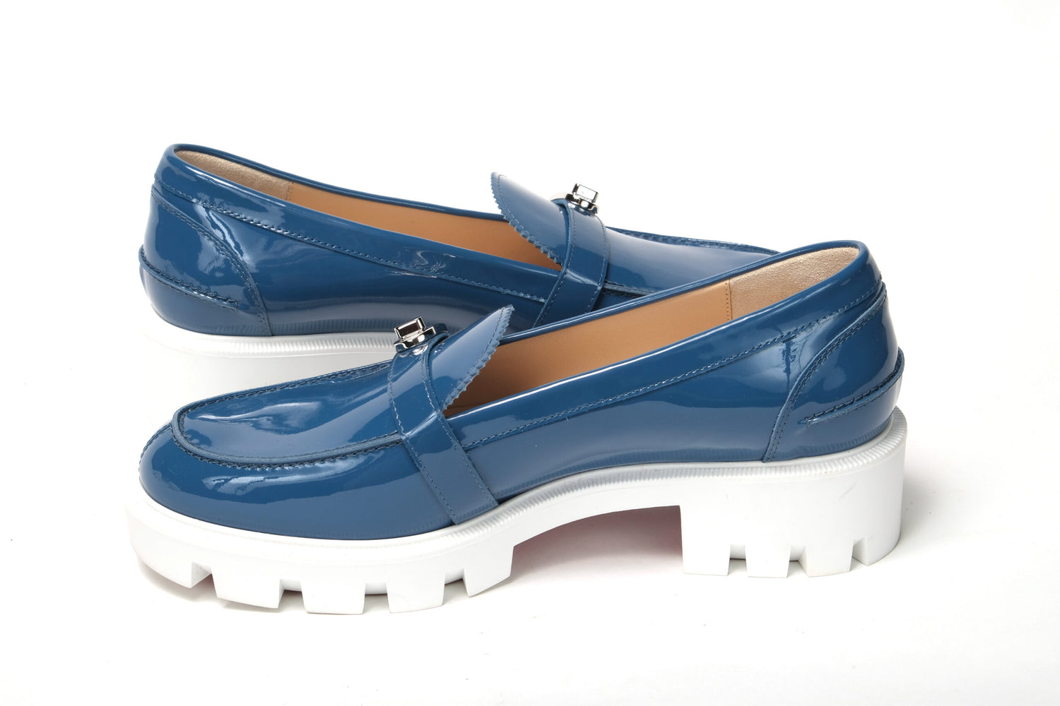 Blue And White Silver Logo Lock Boat Shoe