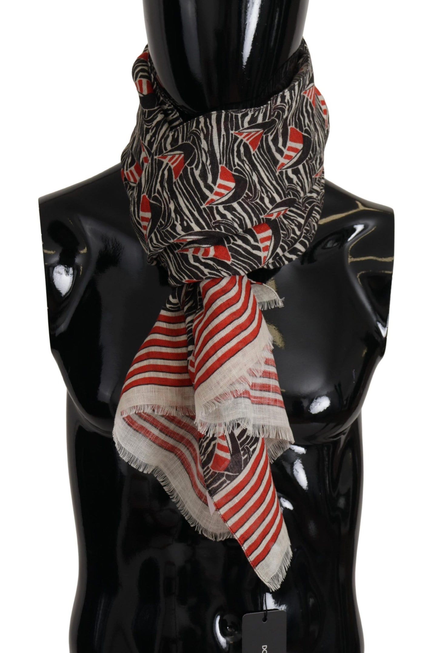 Black Red Linen Sailboat Stripe Print Shawl Scarf