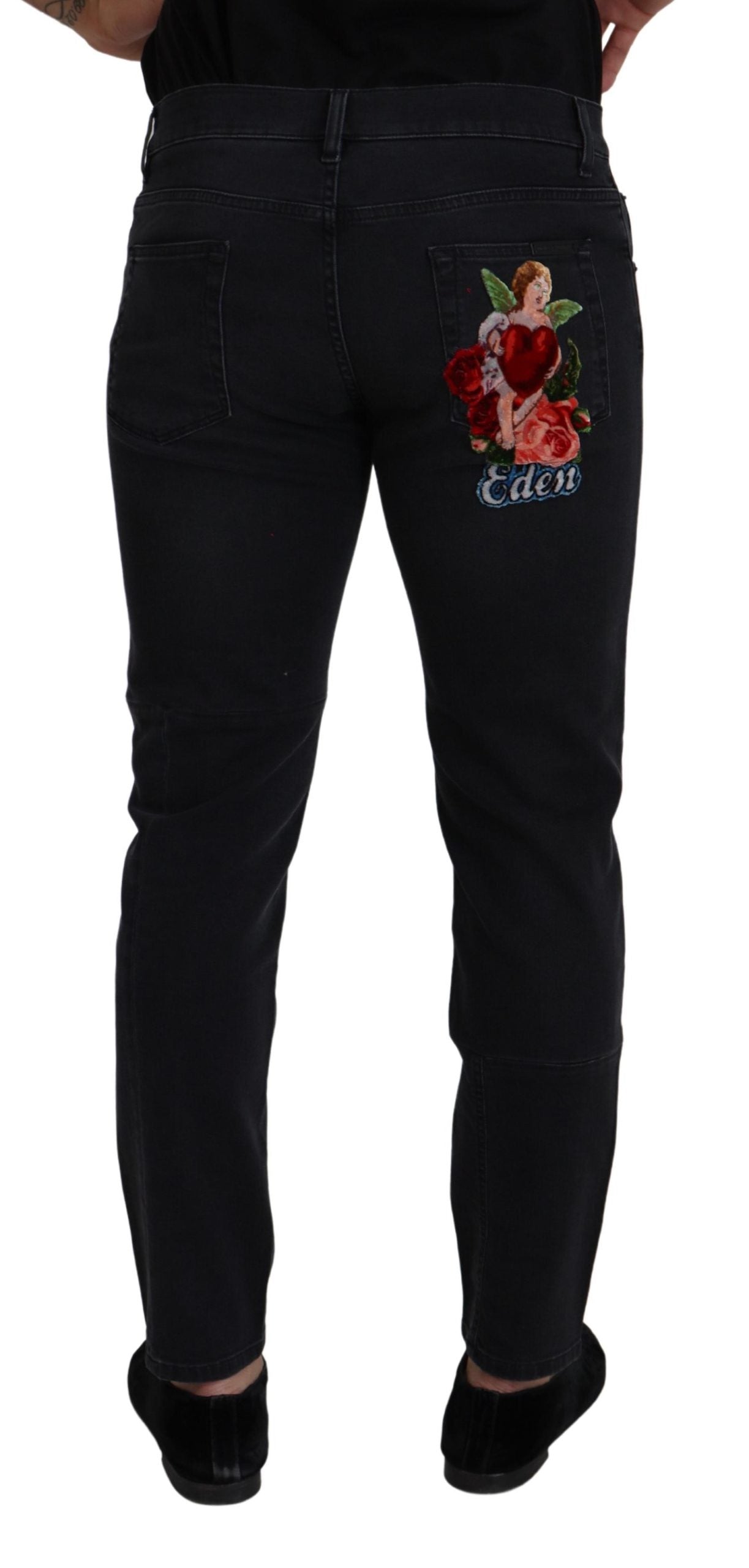 Black Cotton Patch Embroidery Denim Jeans