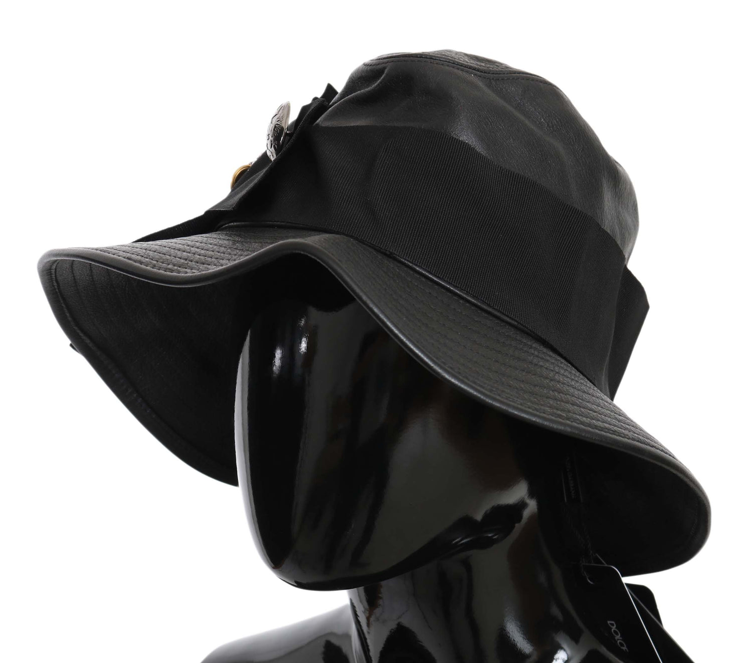 Black Leather DG Coin Crystal Wide Brim Hat