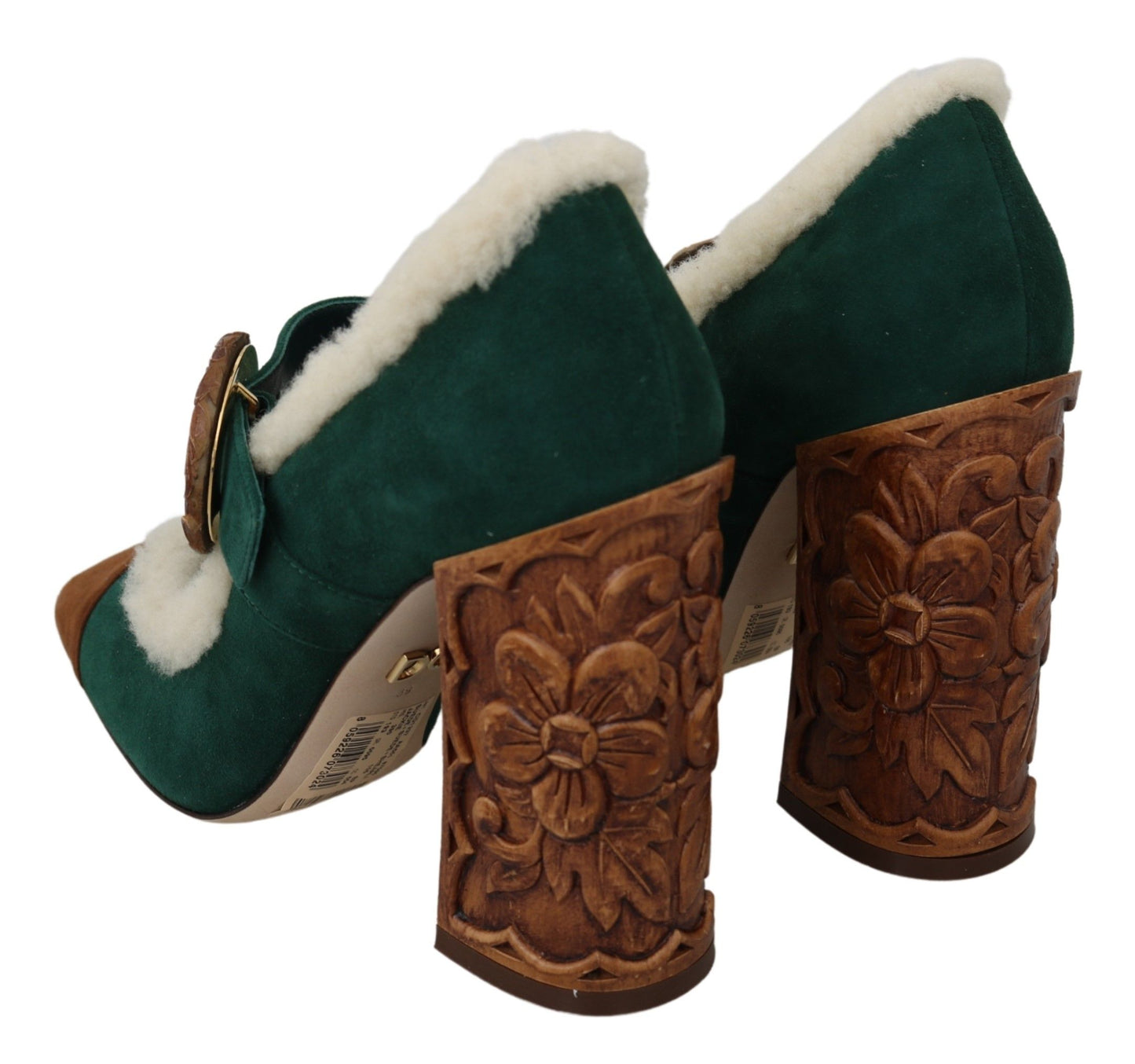 Chic Green Suede Mary Janes with Shearling Trim