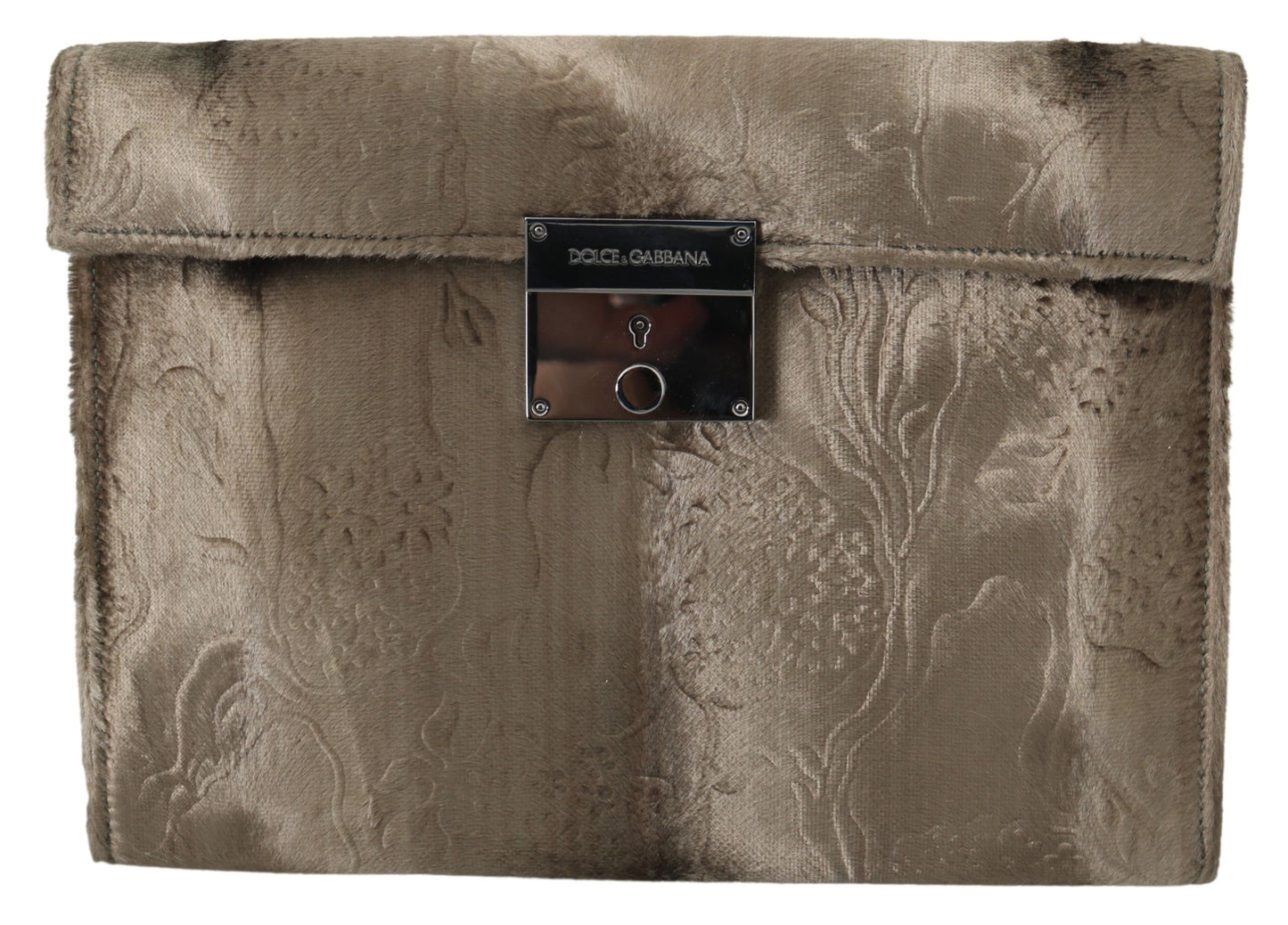 Beige Velvet Croco-Print Leather Briefcase Clutch