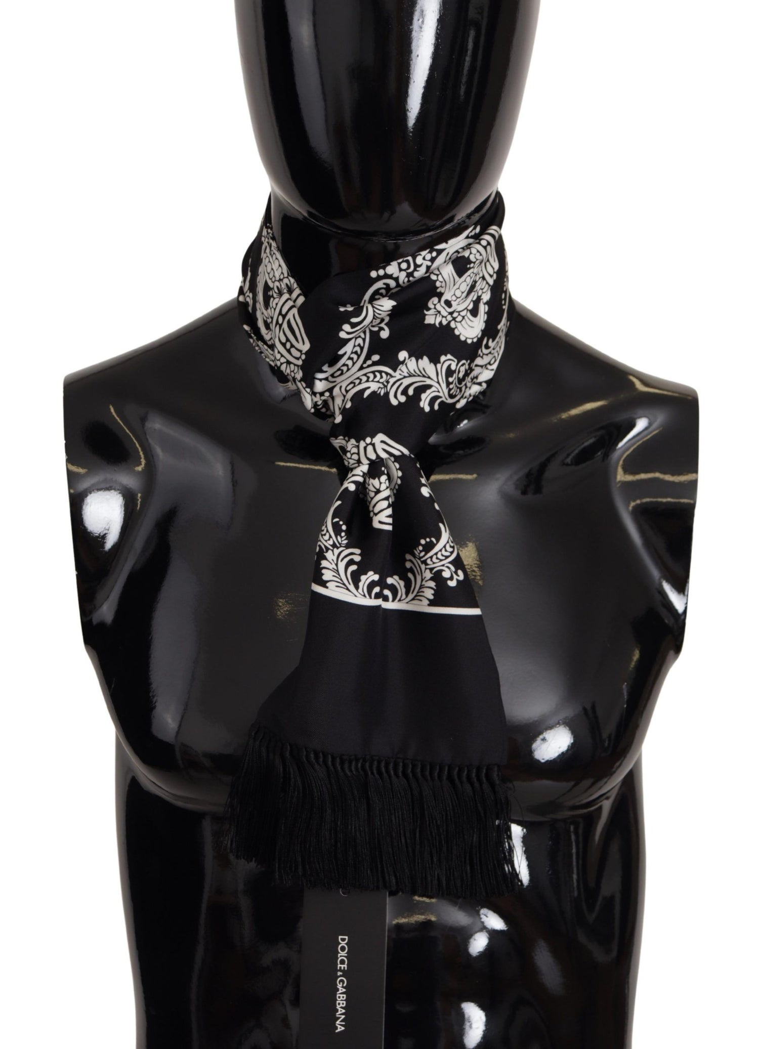 Black Silk Royal Crown Print Logo Shawl Fringe Scarf