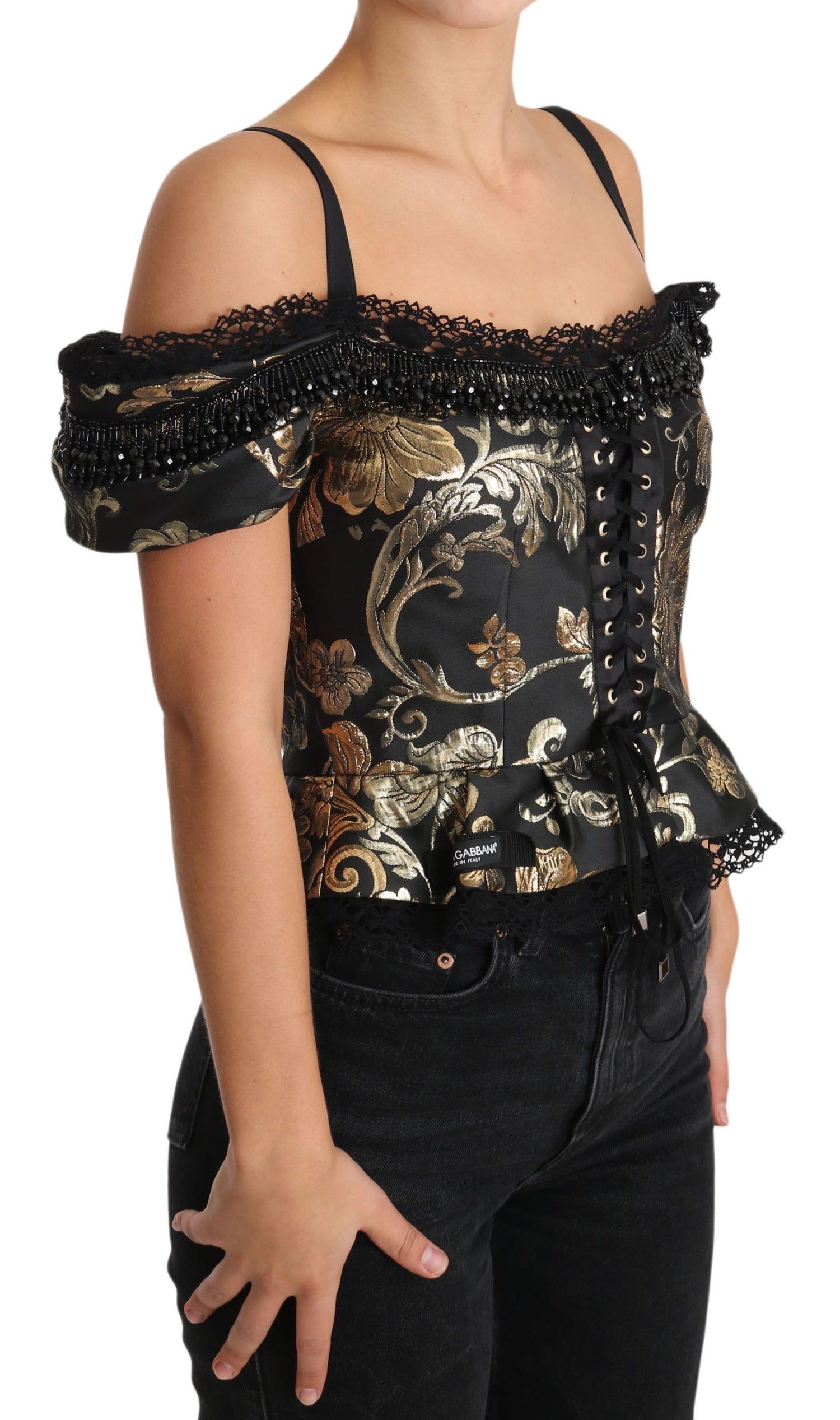 Elegant Floral Jacquard Blouse with Crystal Details