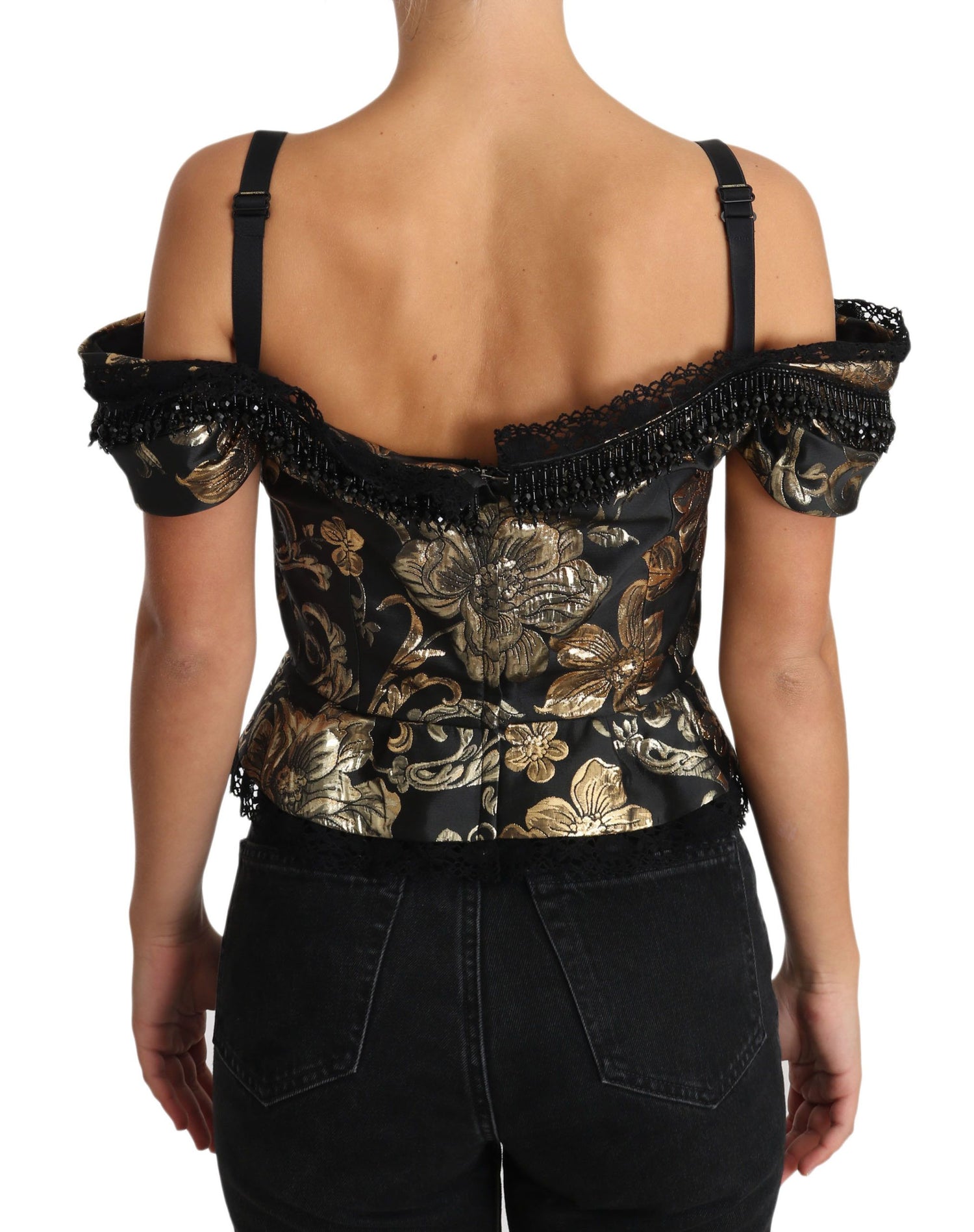 Elegant Floral Jacquard Blouse with Crystal Details