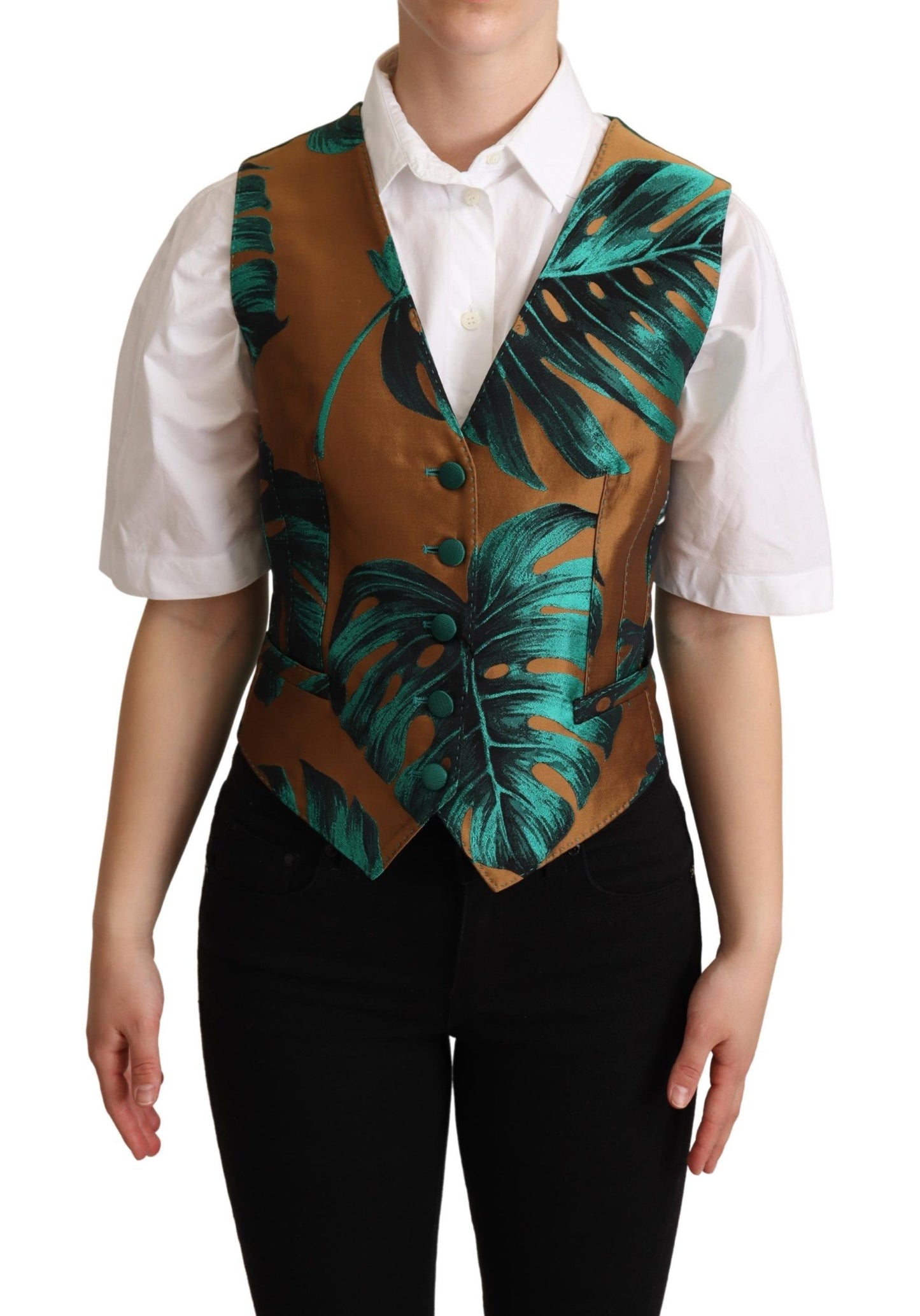 Green Jacquard Leaf Gold Waistcoat Vest