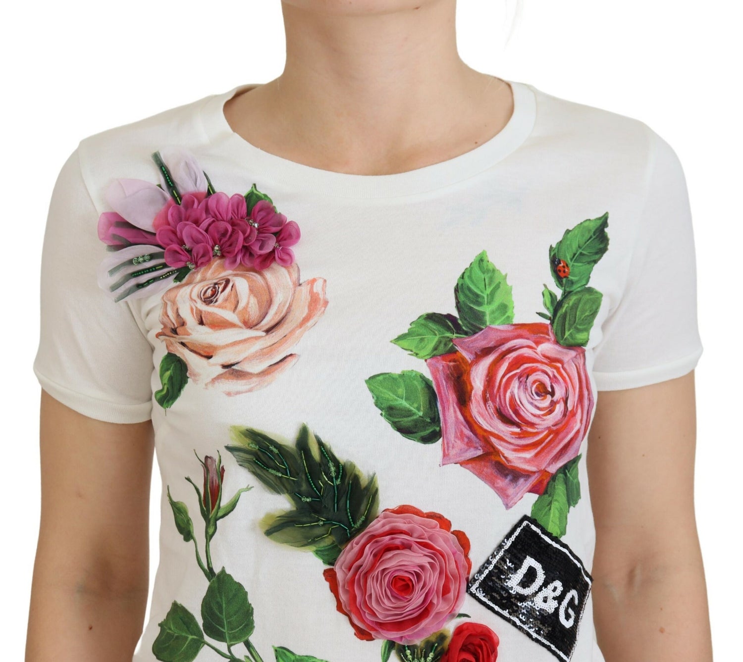 Elegant Multicolor Rose Print Cotton Tee