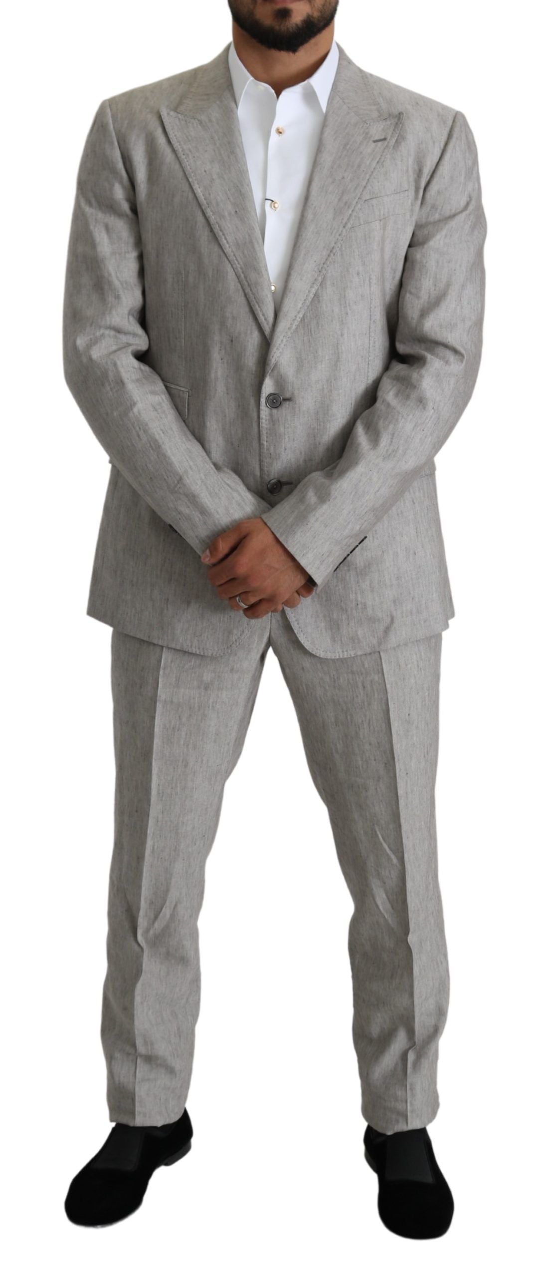 Elegant Slim Fit Gray Linen-Silk Suit