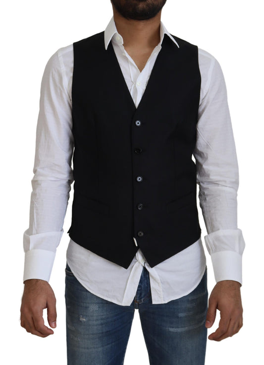 Black Wool Stretch Waistcoat Formal Vest