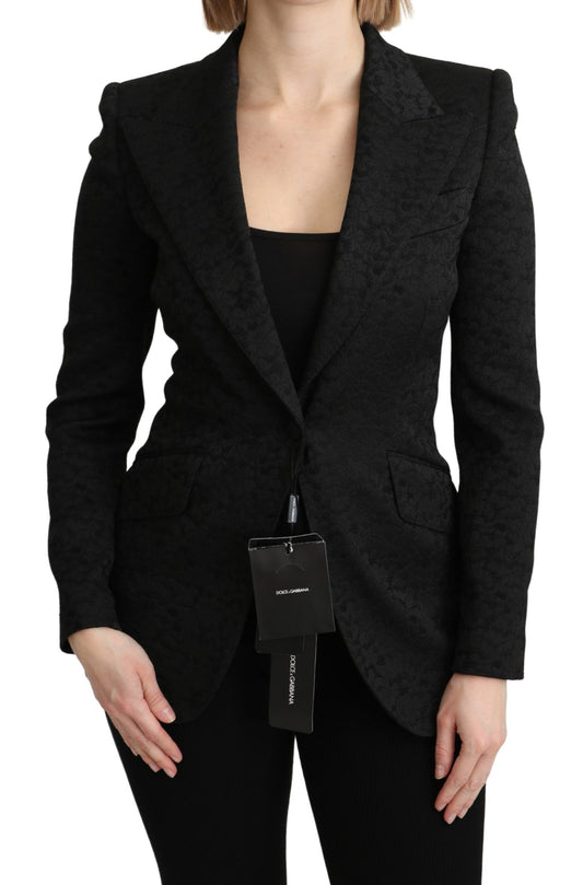 Elegant Black Brocade Single Breasted Blazer