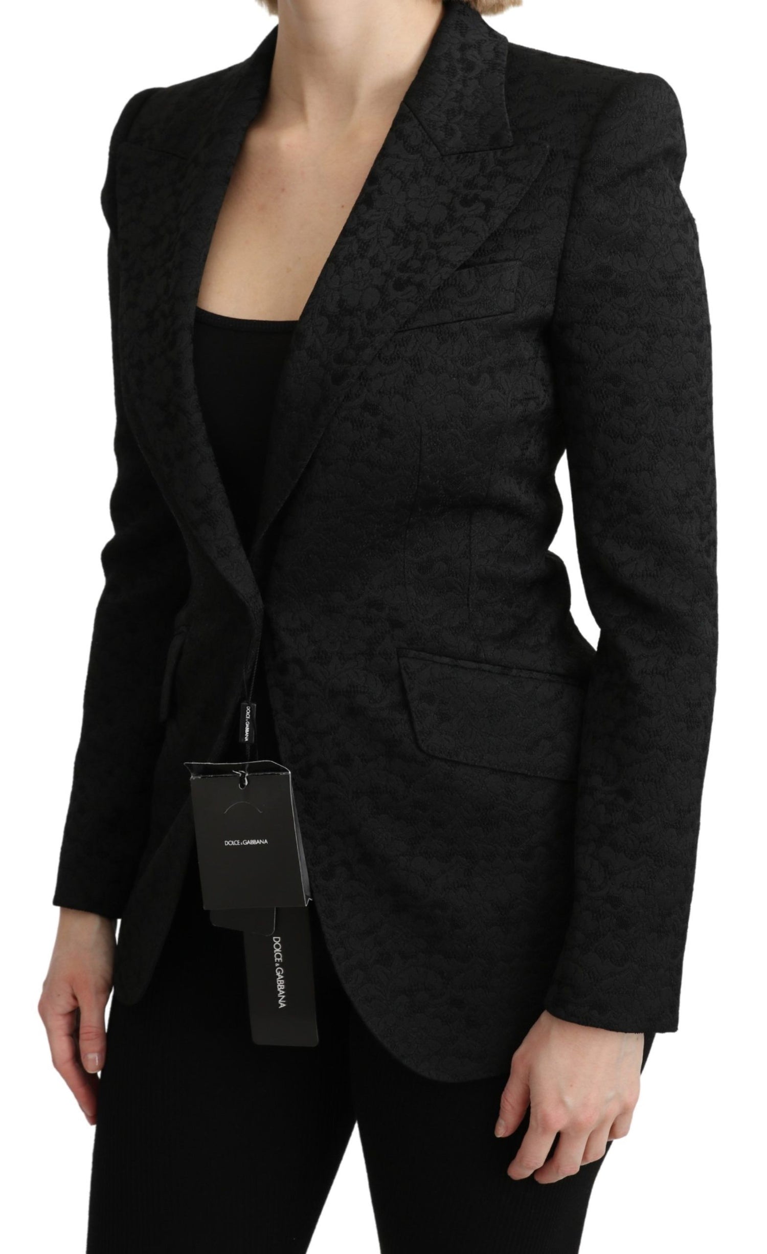 Elegant Black Brocade Single Breasted Blazer