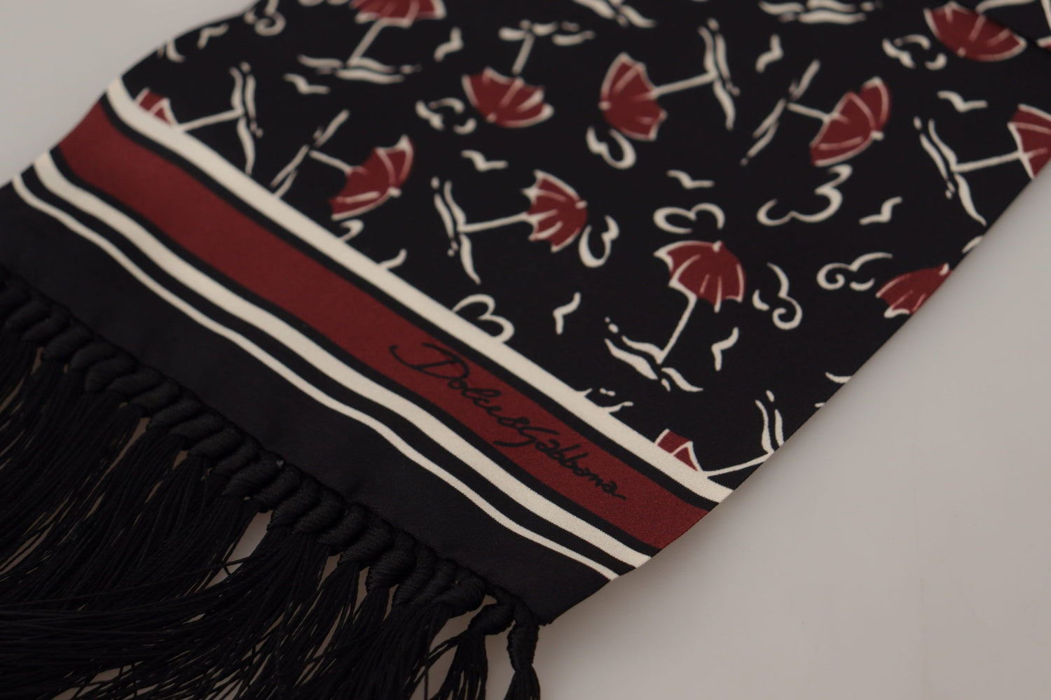 Black Red Umbrellas Patterned Shawl Fringe Scarf