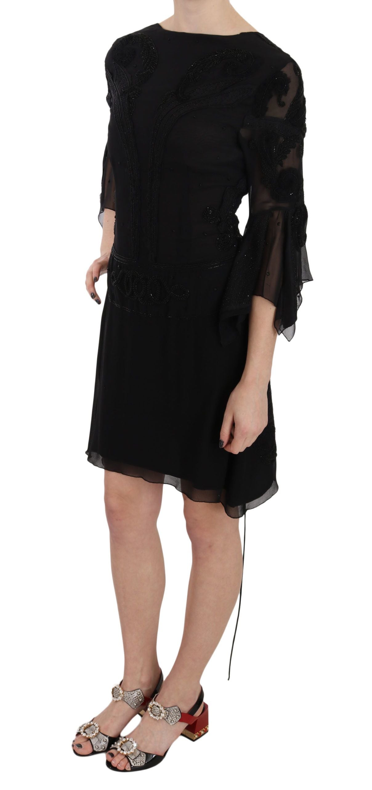 Elegant Black Sequined Silk Mini Dress