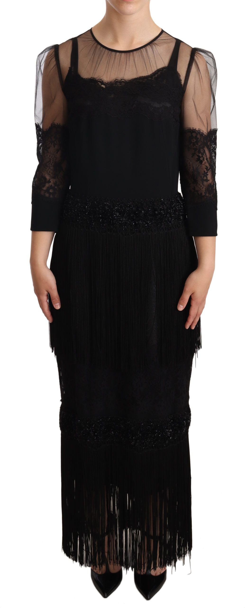 Black Sheer Floral Lace Crystal Maxi Dress