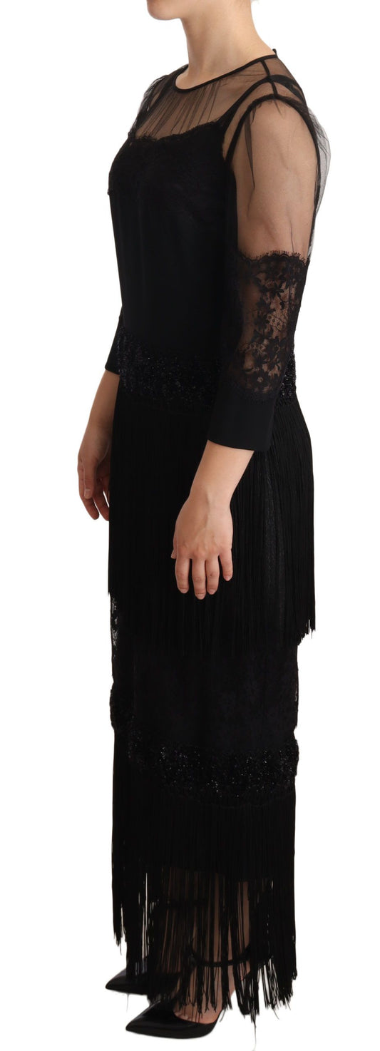 Black Sheer Floral Lace Crystal Maxi Dress