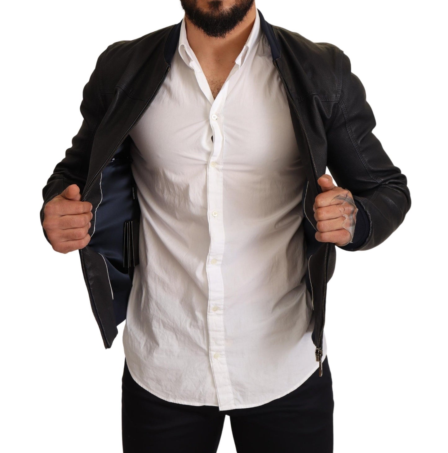 Blue Leather Full Zip Bomber Men Jacket