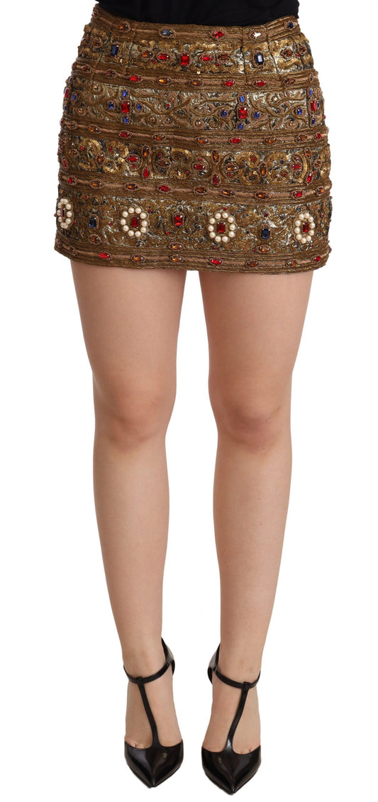 Gold Crystal Jacquard High Waist Skirt