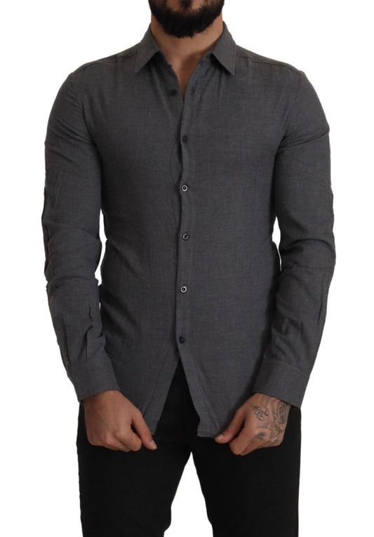 Sleek Gray Cotton Casual Button Front Shirt