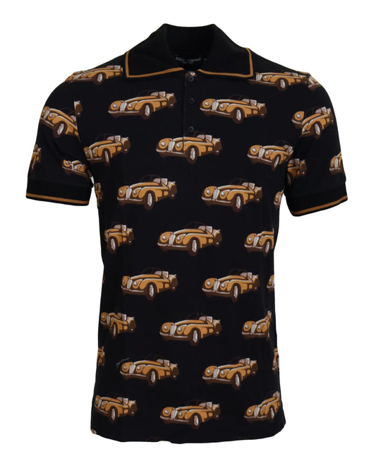 Elegant Car Print Polo T-Shirt in Black