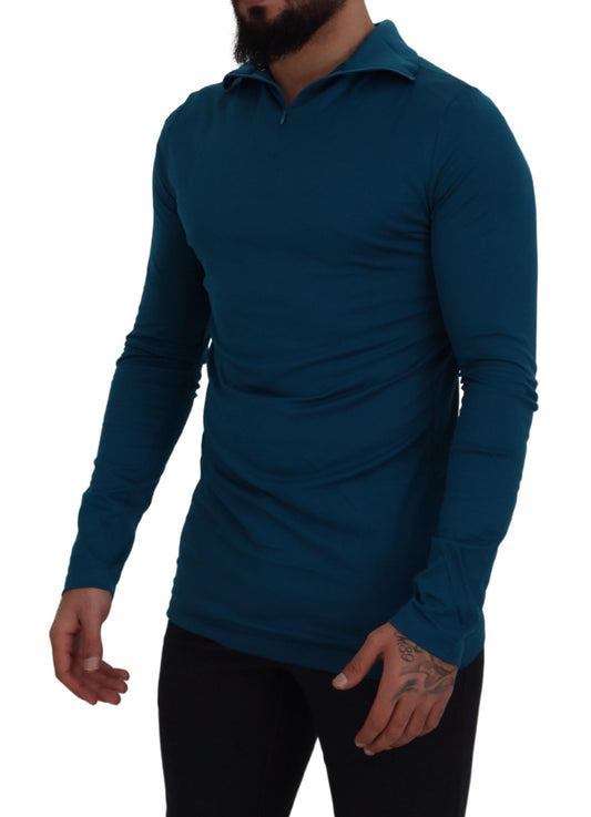 Blue Cotton Collared Slim Pullover Sweater