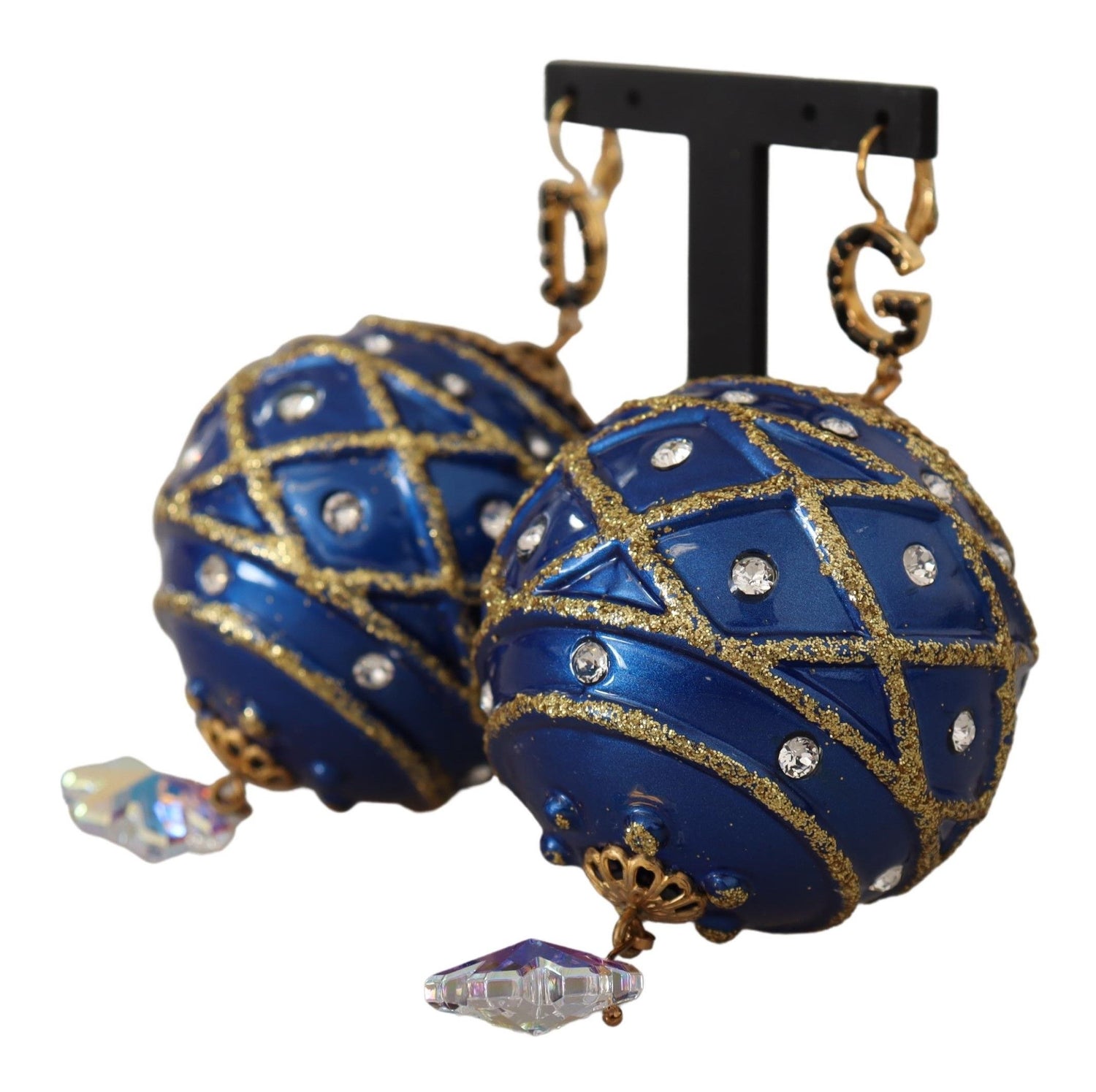 Blue Christmas Ball Crystal Hook Gold Brass Earrings