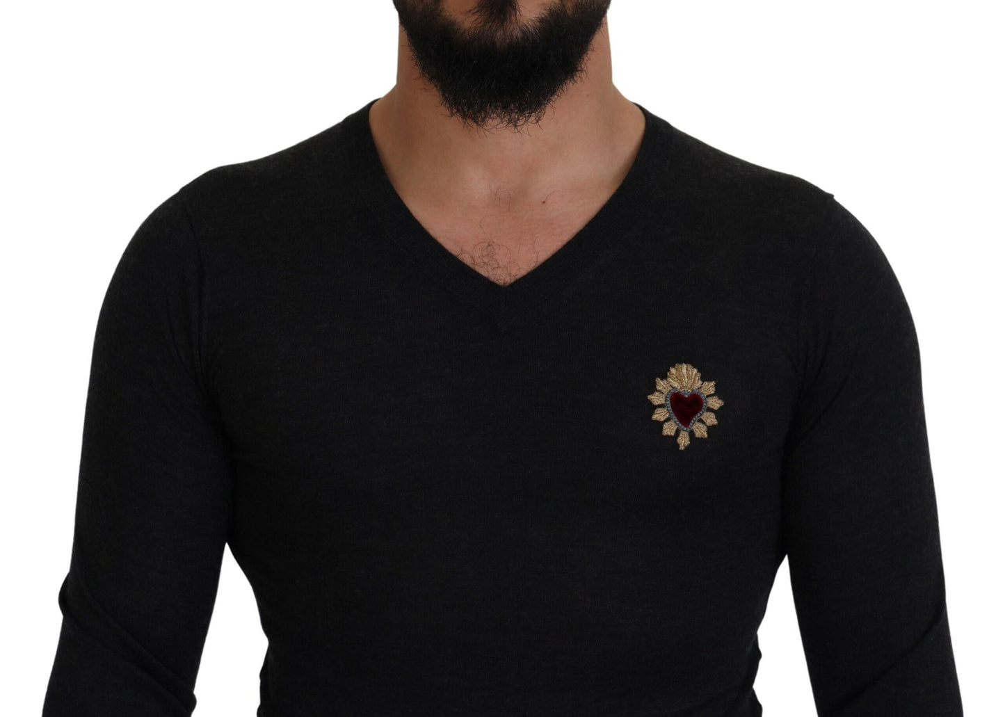 V-Neck Cashmere Sweater with Heart Embroidery