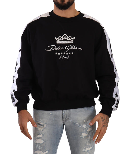 Black Cotton Crewneck Crown 1984 Stars Pullover Black