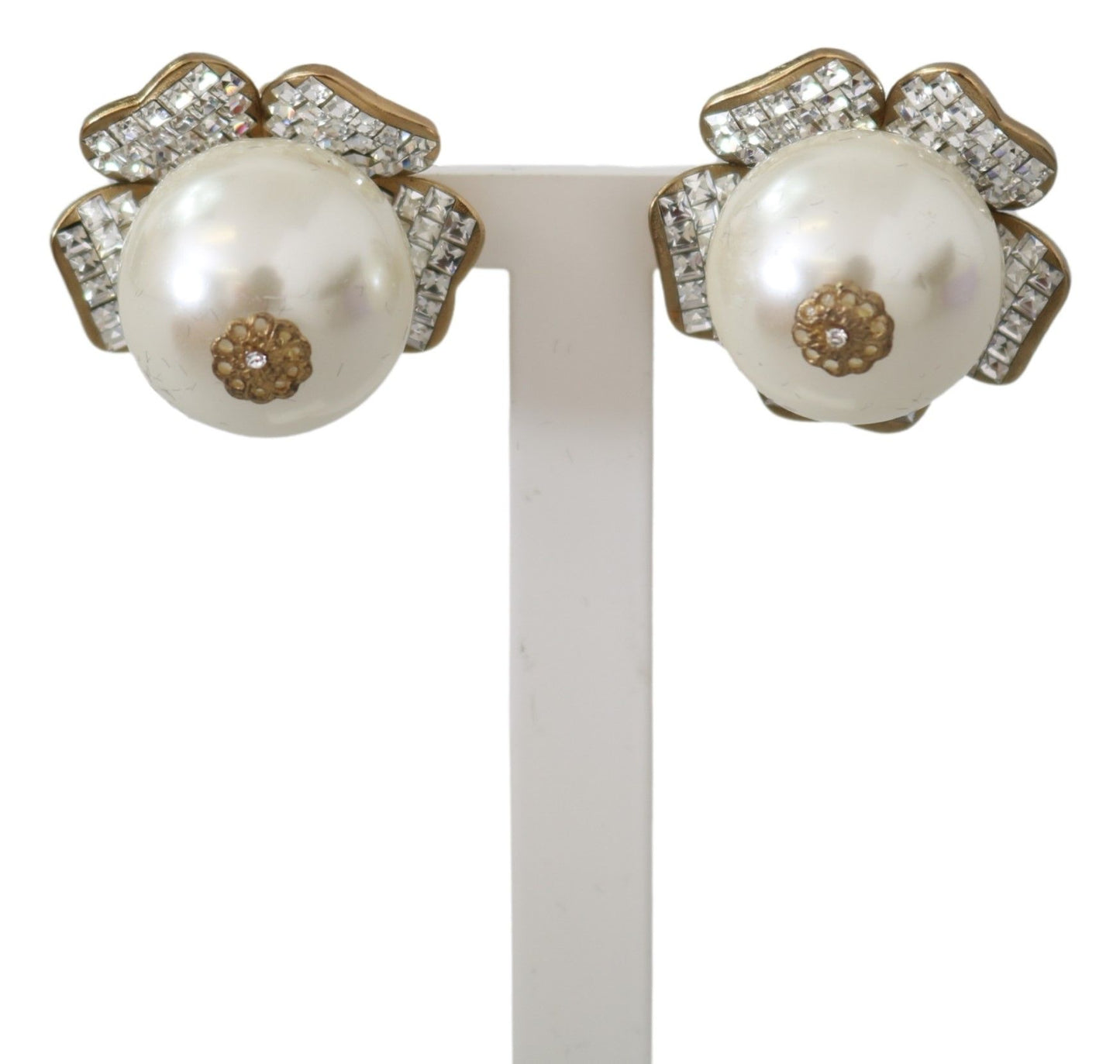 Floral Crystal-Pearl Clip-On Earrings