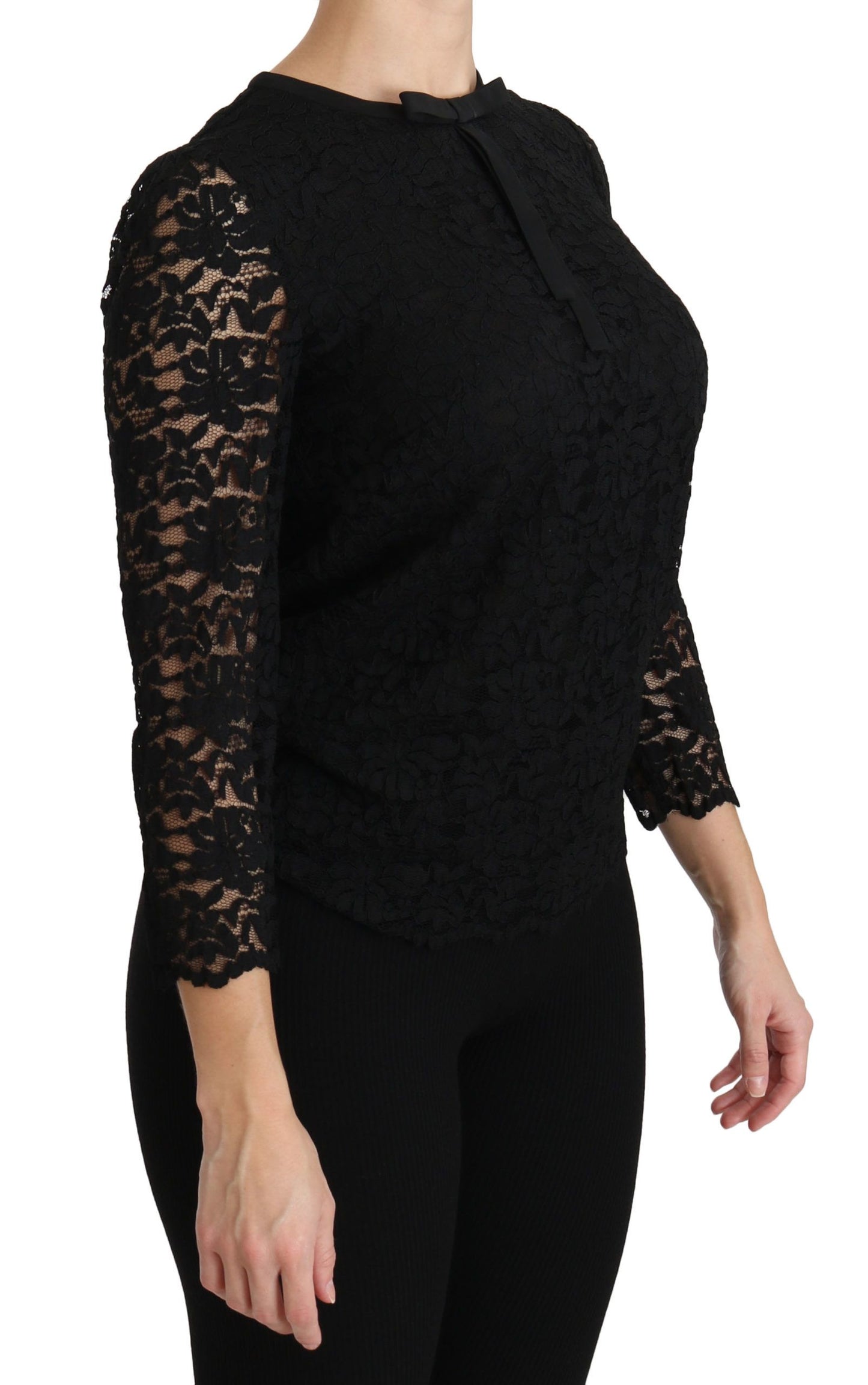 Elegant Black Lace Crew Neck Blouse