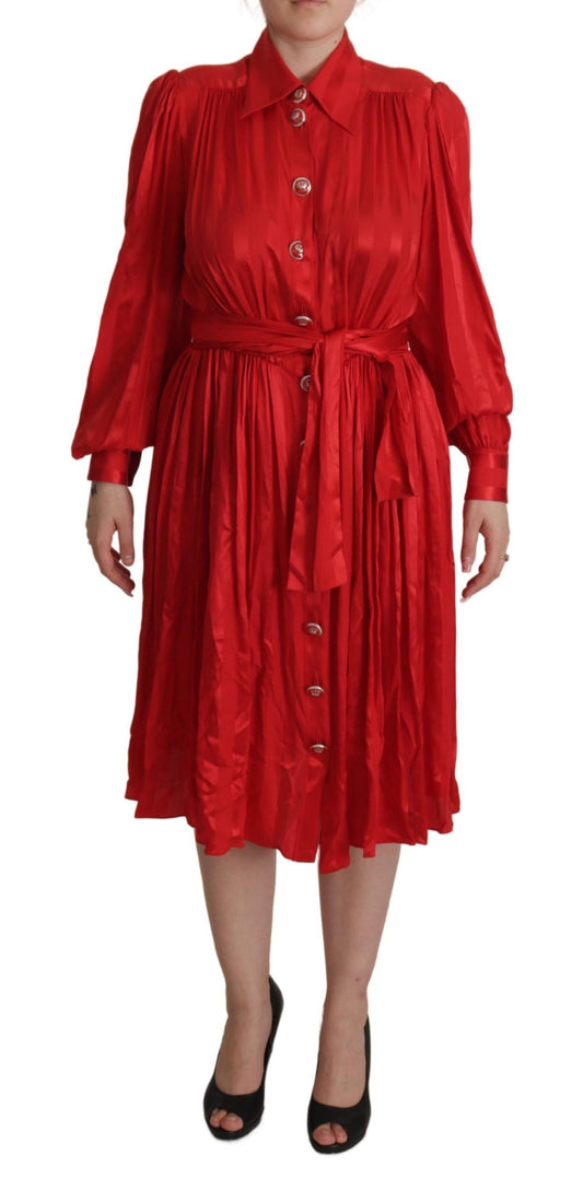 Elegant Red Silk Midi Dress with Button Detail