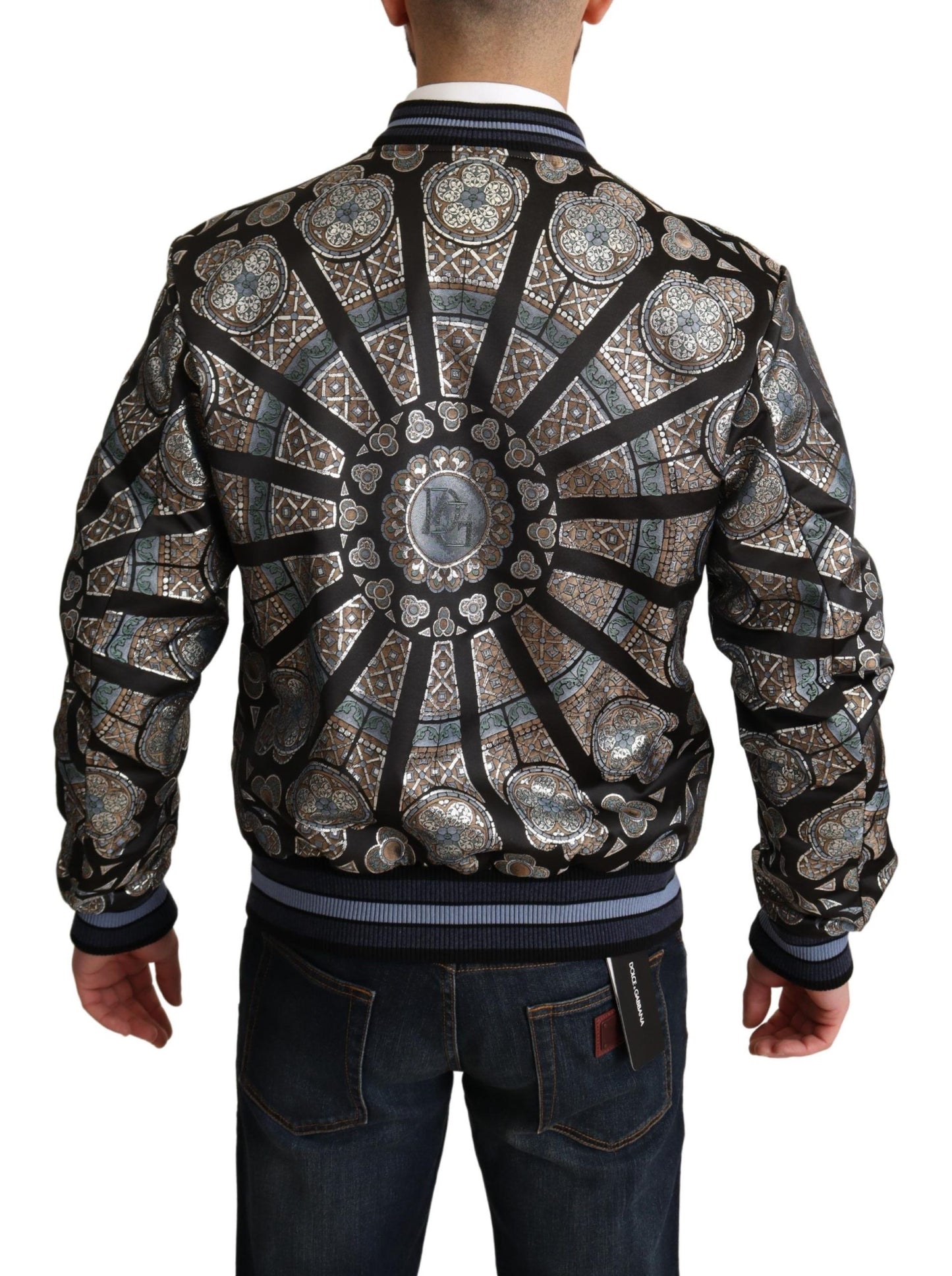 Elegant Jacquard Bomber Jacket in Blue