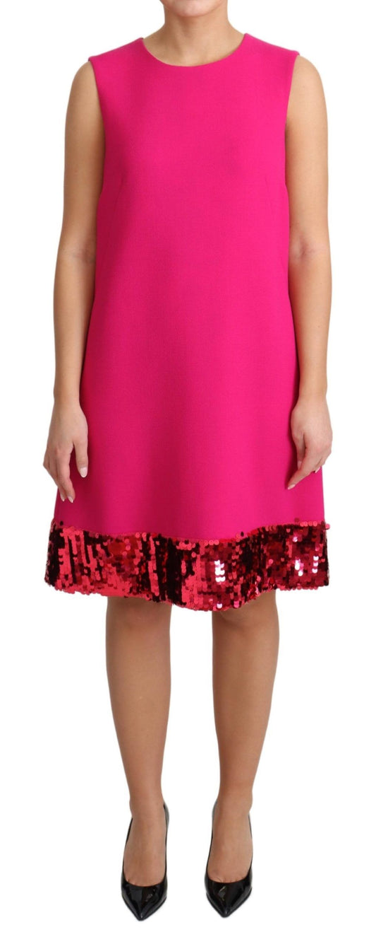 Elegant Fuchsia Sequined Wool Blend Shift Dress