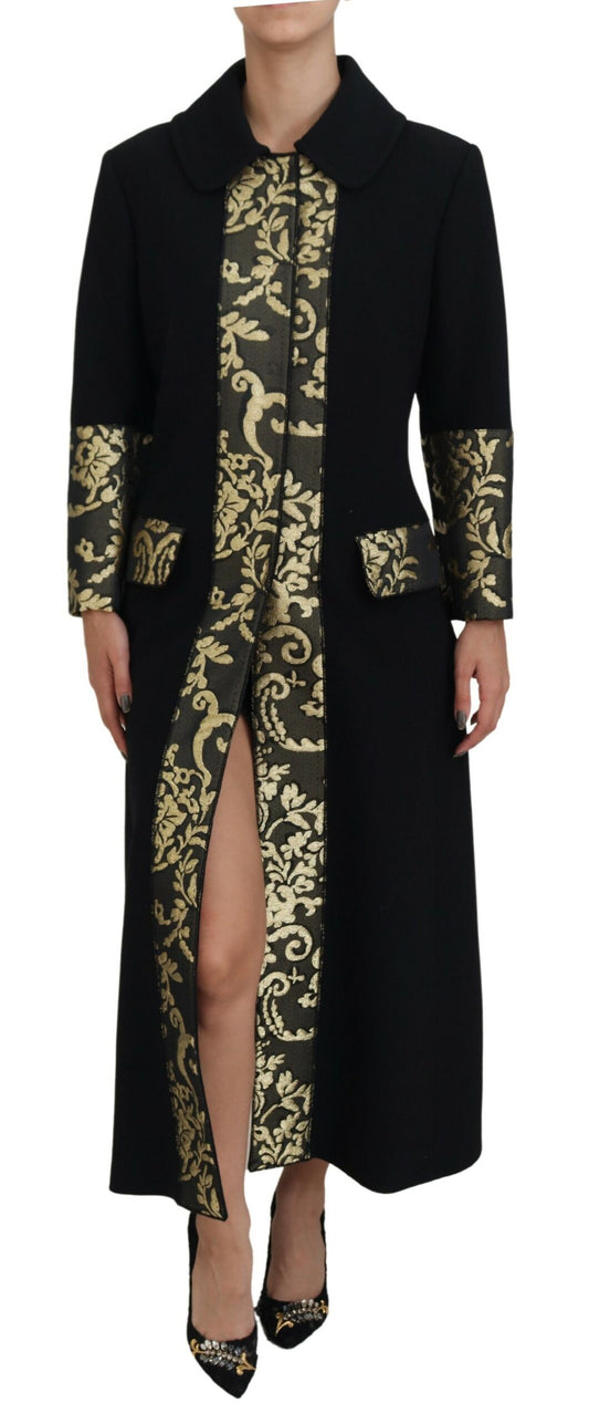 Elegant Gold Black Jacquard Trench Coat