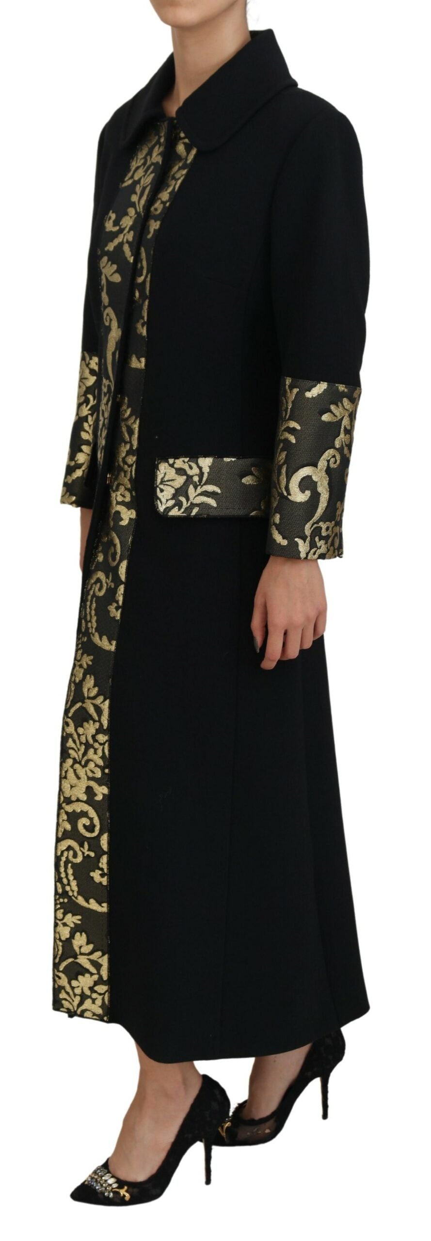 Elegant Gold Black Jacquard Trench Coat