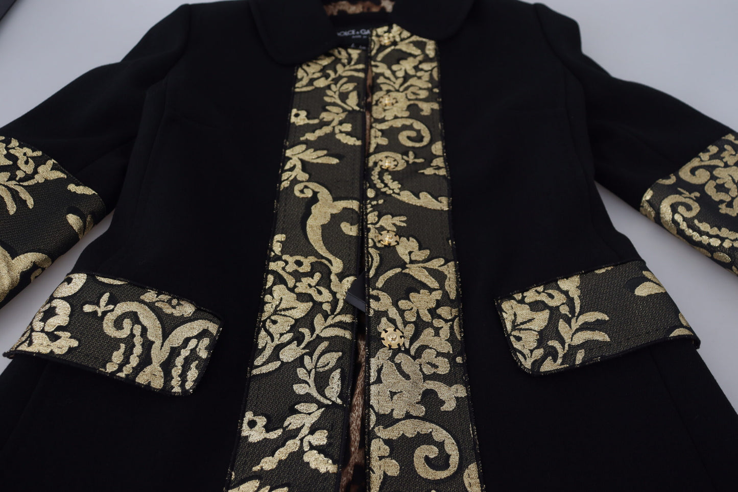 Elegant Gold Black Jacquard Trench Coat