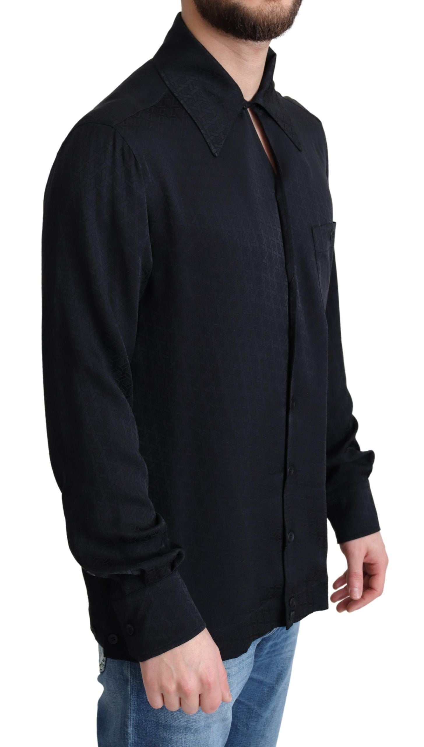 Black Jacquard Silk Casual Button Down Shirt