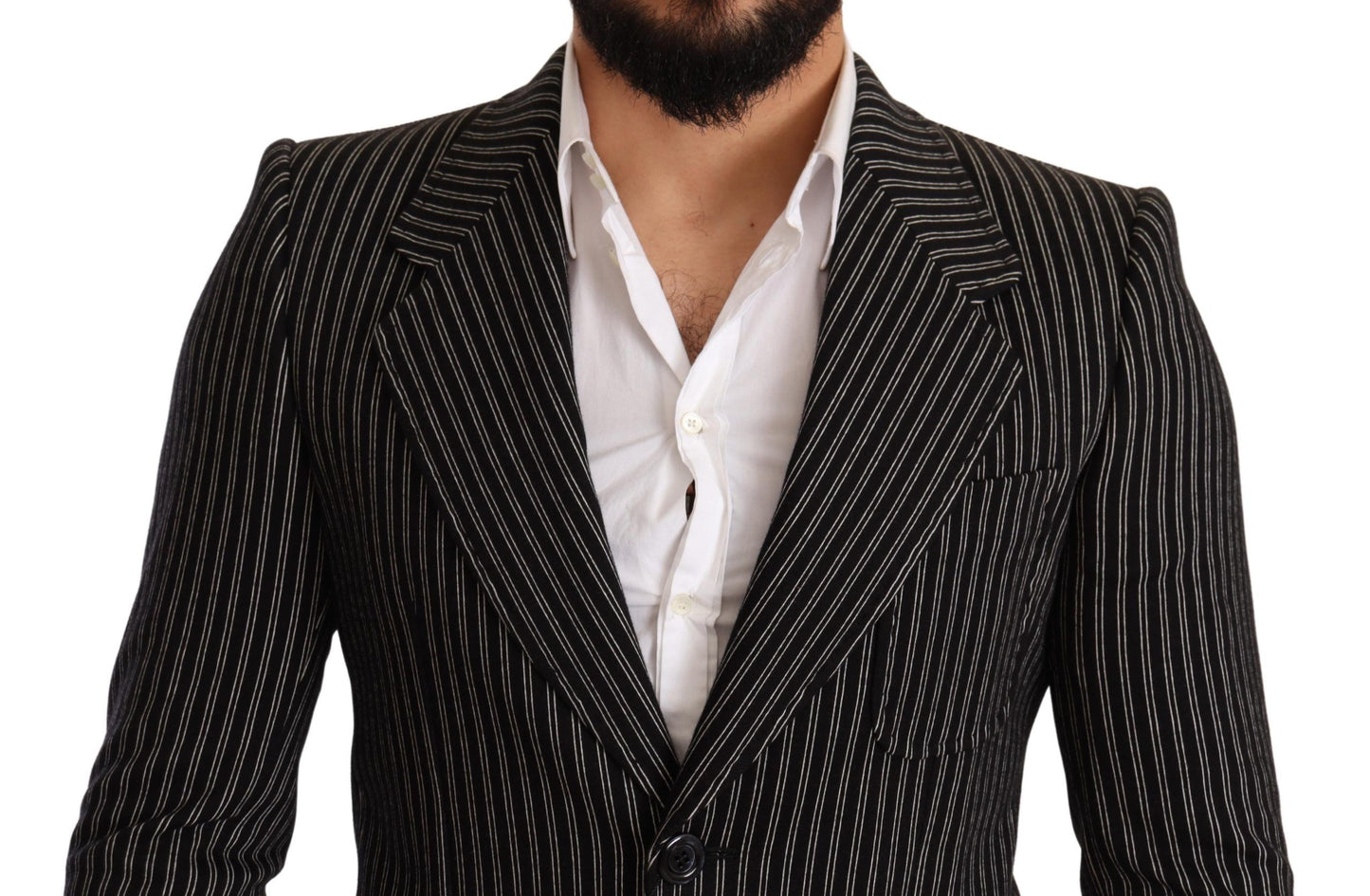 Elegant Black Striped Virgin Wool Blazer