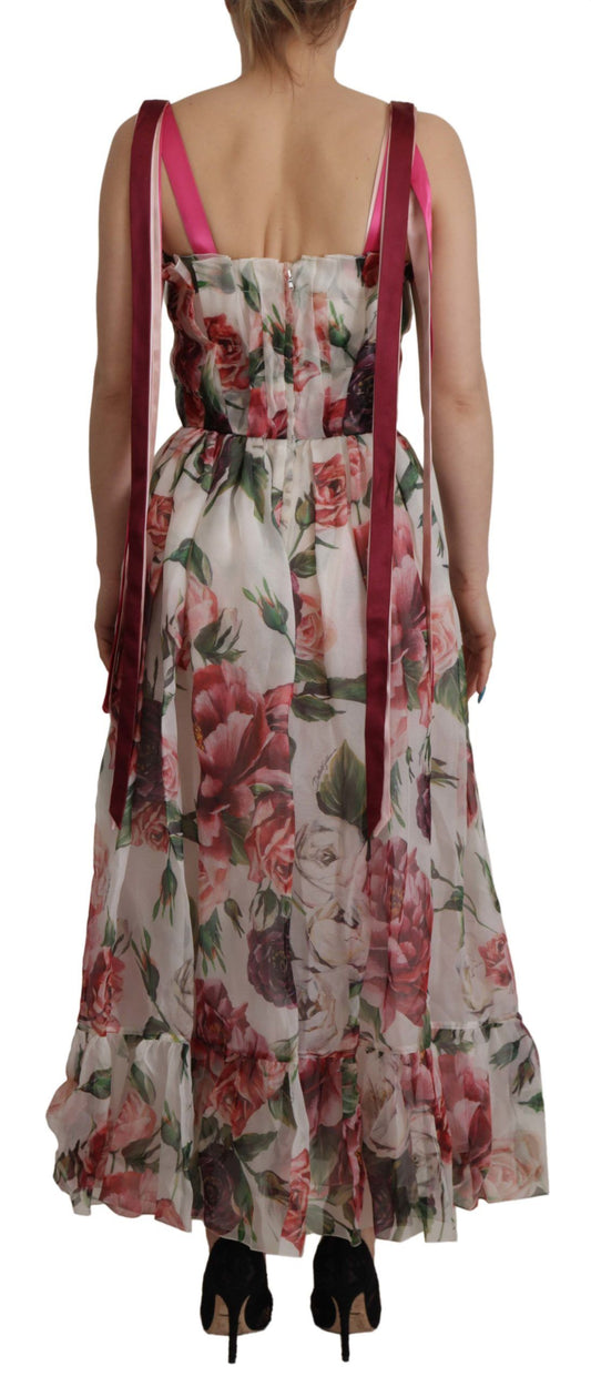 Elegant Multicolor Silk Roses Maxi Dress