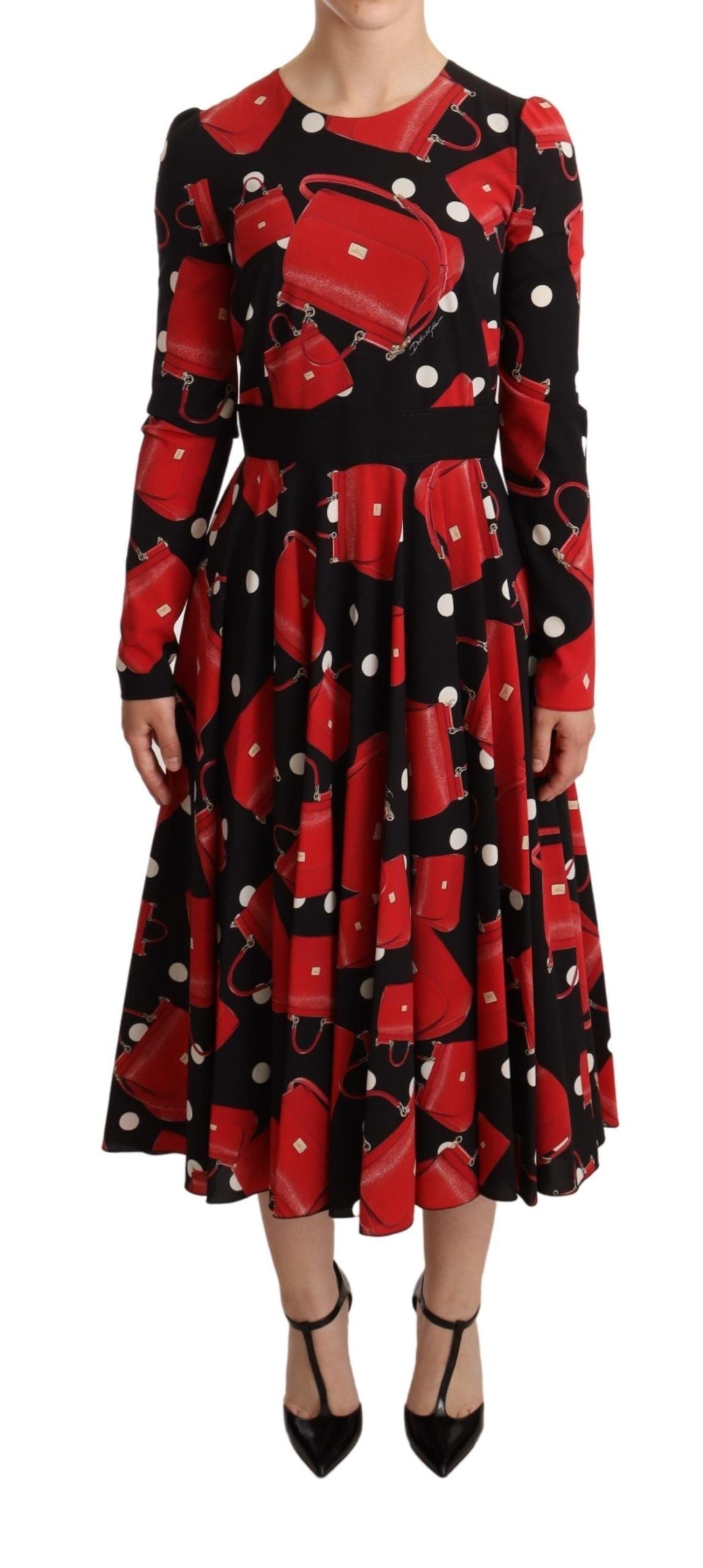 Black Sicily Bag Print Flared Midi Dress